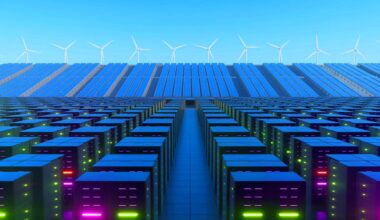 Illustration of AI data centers with soaring energy demands and infrastructure challenges.