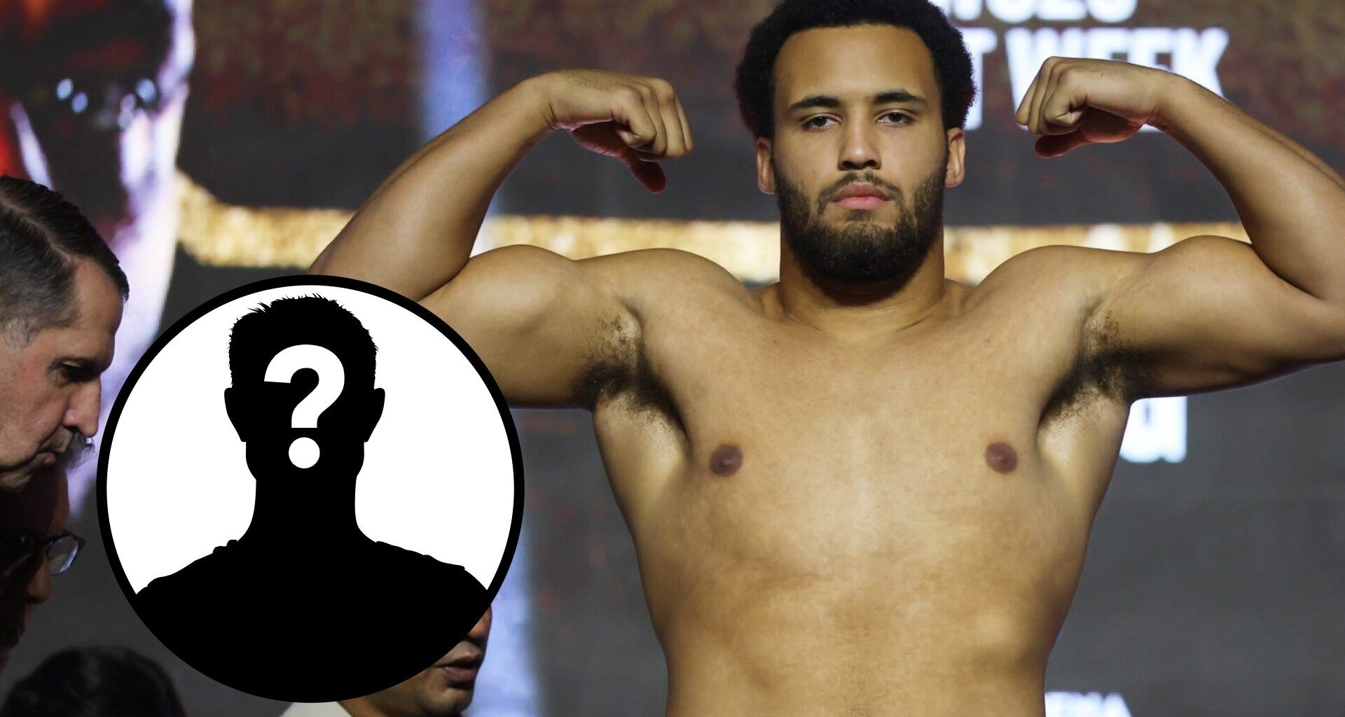 Moses Itauma flexes at weigh-ins with inset of mystery silhouette