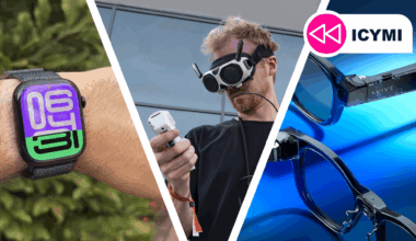 An Apple Watch, Insta360 Antigravity, and the Vive Eagle next to each other.