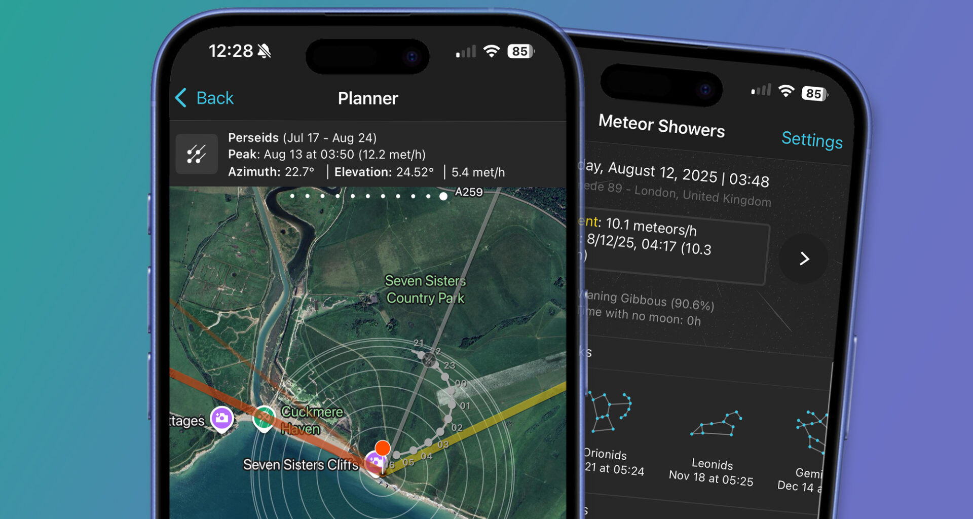 Two phones on a blue and green background showing the Photopills app planning page for the Perseids meteor shower