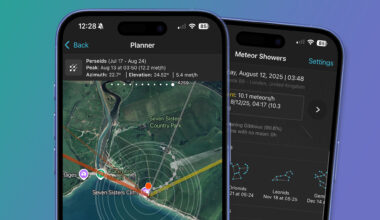 Two phones on a blue and green background showing the Photopills app planning page for the Perseids meteor shower