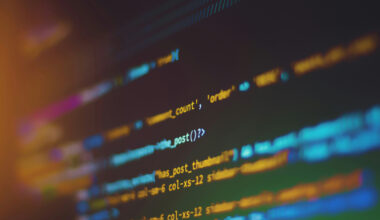 Lines of computer code in various colors are seen on a dark computer screen