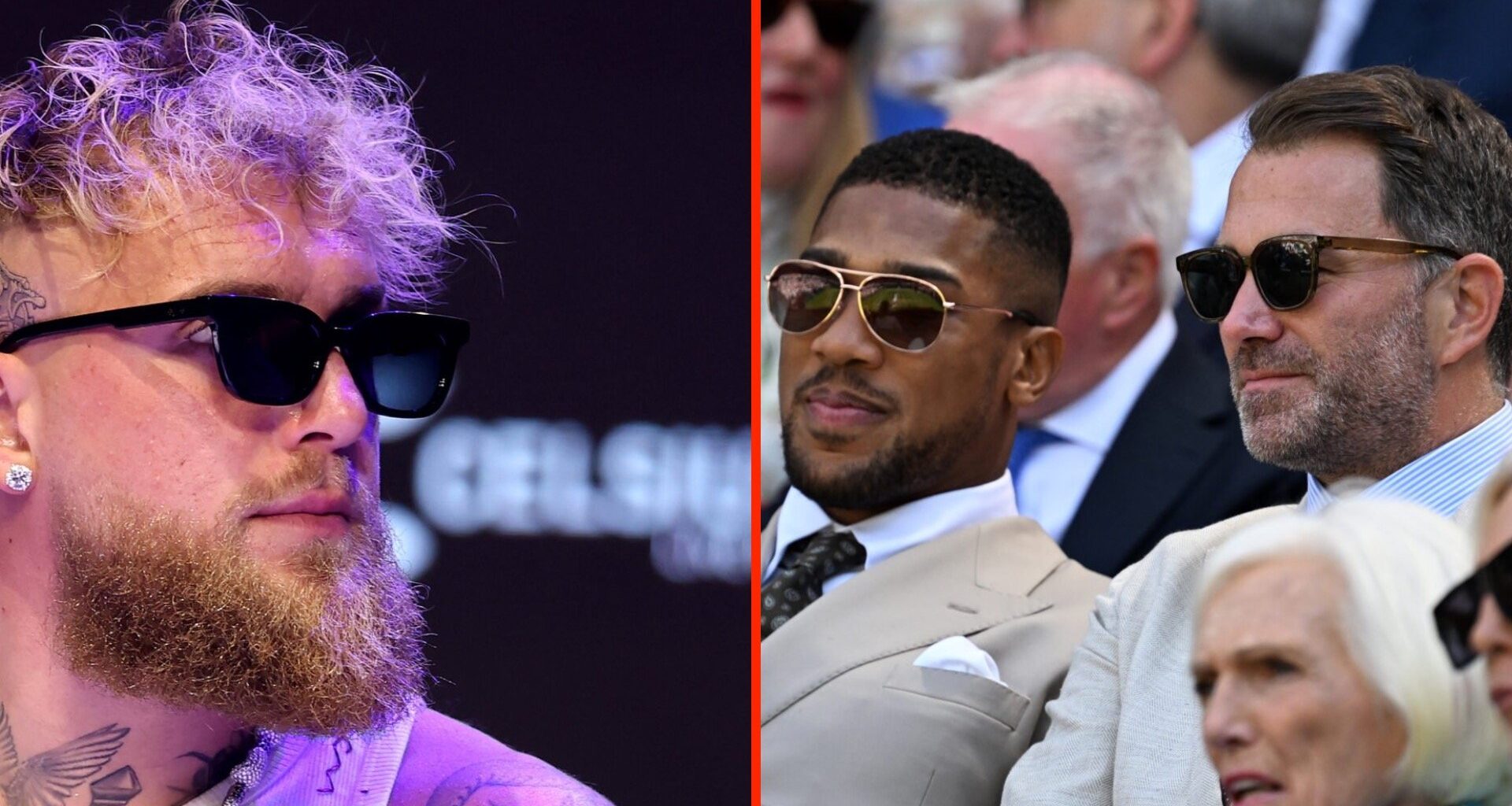Jake Paul during the press conference ahead of his fight against Julio Cesar Chavez Jr split with Anthony Joshua and Eddie Hearn during the 2025 Wi...