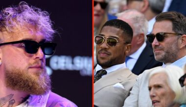 Jake Paul during the press conference ahead of his fight against Julio Cesar Chavez Jr split with Anthony Joshua and Eddie Hearn during the 2025 Wi...