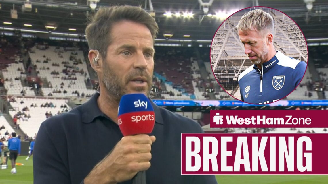 Jamie Redknapp talks at the London Stadium holding a Sky Sports microphone. West Ham manager Graham Potter is in a small circle looking sad.