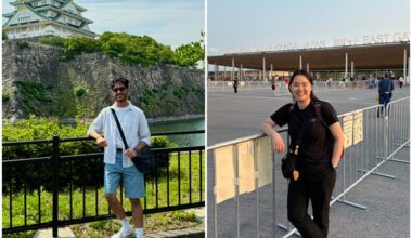 Two photos. Left: a young man poses for a photo in front of Osaka Castle. Right: a young woman poses for a photo at the entrance of the Expo 2025 grounds.