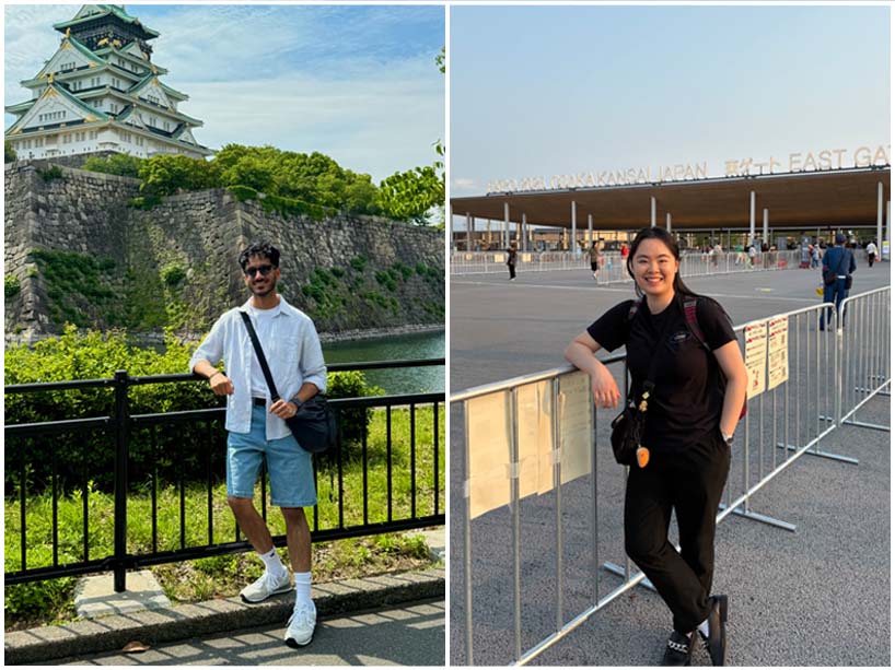 Two photos. Left: a young man poses for a photo in front of Osaka Castle. Right: a young woman poses for a photo at the entrance of the Expo 2025 grounds.