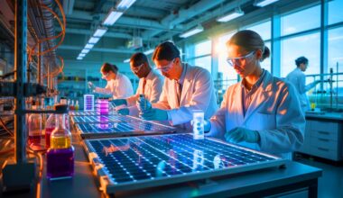 Illustration of researchers enhancing photocatalytic efficiency for clean fuel production using sunlight.
