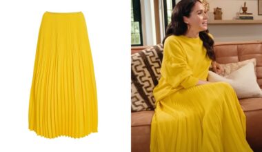pleated yellow skirt over white background; meghan, the duchess of sussex, sitting on a couch while wearing a yellow sweater and skirt