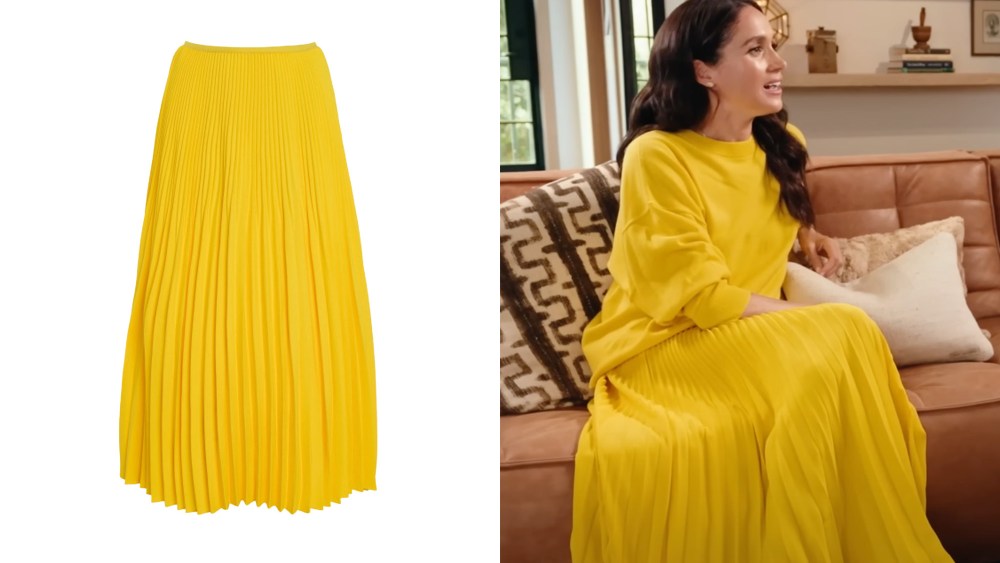 pleated yellow skirt over white background; meghan, the duchess of sussex, sitting on a couch while wearing a yellow sweater and skirt