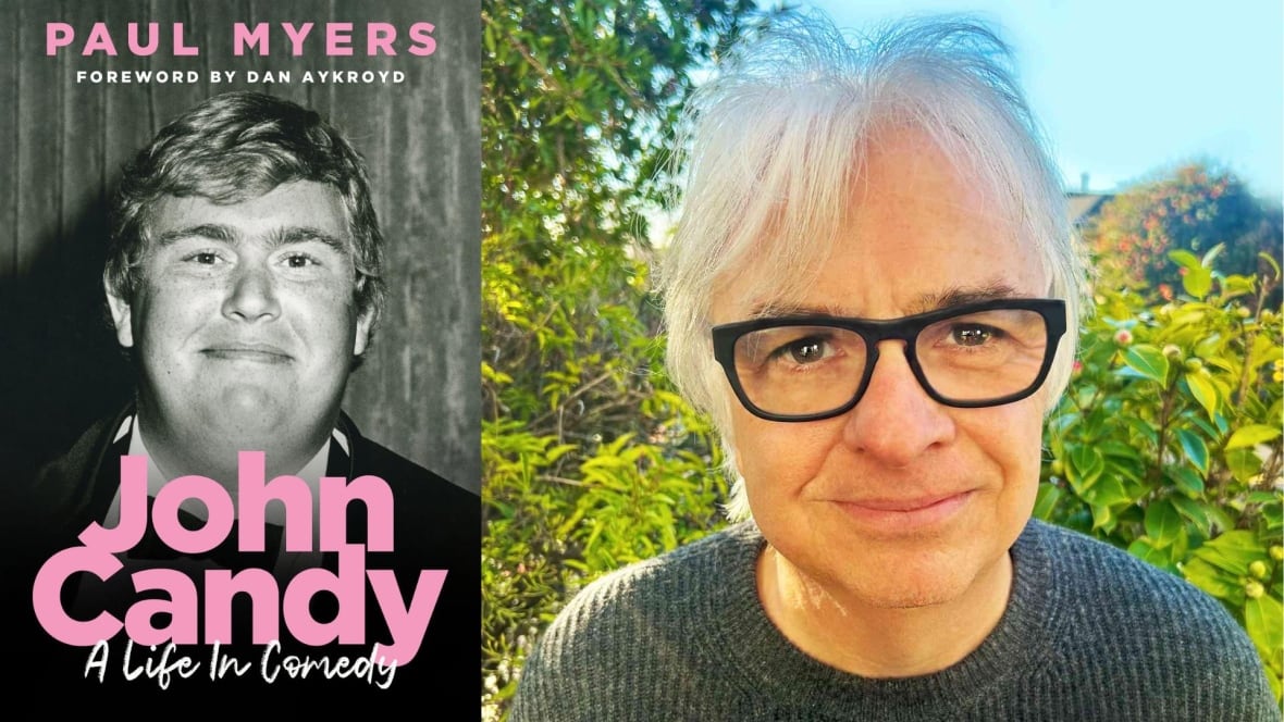 A photo composite of a black cover with a photo of John Candy on it, and on the right is an author headshot of a man with black framed glasses on the right in front of a bush. 