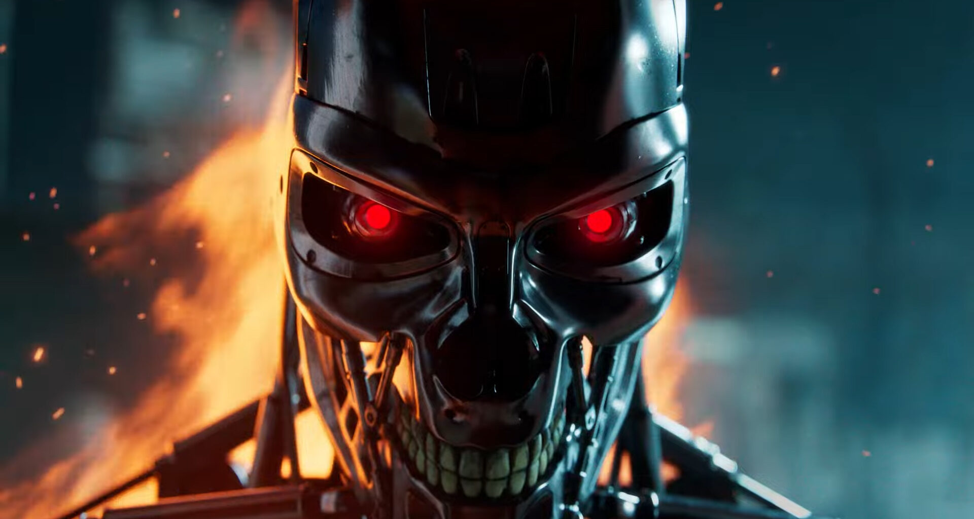 A Terminator robot with flames behind it