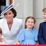 LONDON, UNITED KINGDOM - JUNE 02: (EMBARGOED FOR PUBLICATION IN UK NEWSPAPERS UNTIL 24 HOURS AFTER CREATE DATE AND TIME) Prince Louis of Cambridge, Catherine, Duchess of Cambridge, Princess Charlotte of Cambridge and Prince George of Cambridge watch a flypast from the balcony of Buckingham Palace during Trooping the Colour on June 2, 2022 in London, England. Trooping The Colour, also known as The Queen's Birthday Parade, is a military ceremony performed by regiments of the British Army that has taken place since the mid-17th century. It marks the official birthday of the British Sovereign. This year, from June 2 to June 5, 2022, there is the added celebration of the Platinum Jubilee of Elizabeth II in the UK and Commonwealth to mark the 70th anniversary of her accession to the throne on 6 February 1952.