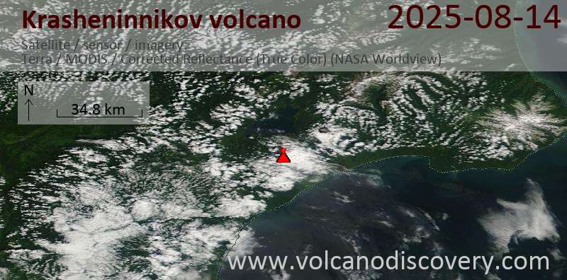 Satellite image of Krasheninnikov volcano on 14 Aug 2025