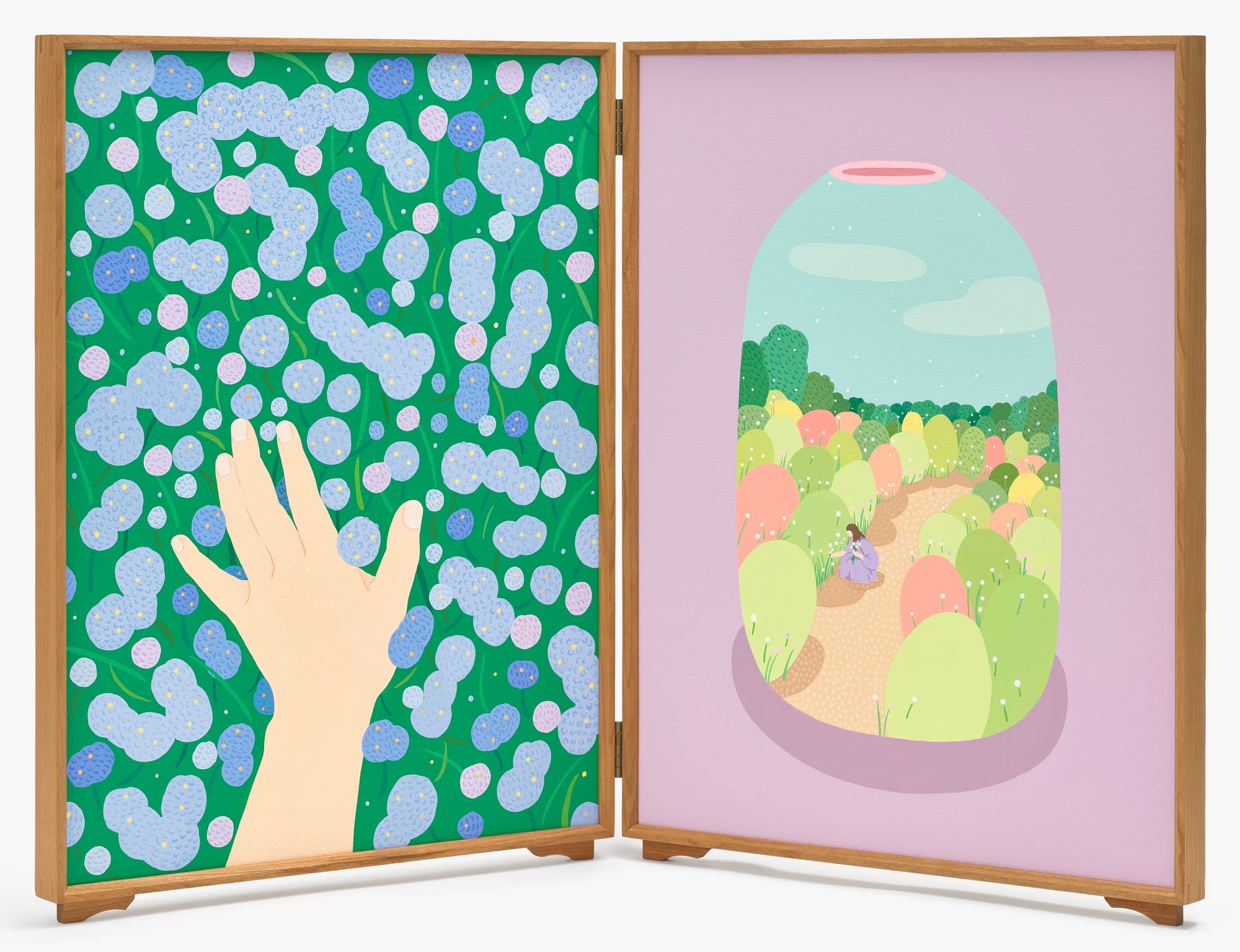 a diptych in a wood frame. on the left is a hand reaching into a blue and green flower motif, and on the right is a vessel painting with a person walking through a colorful meadow
