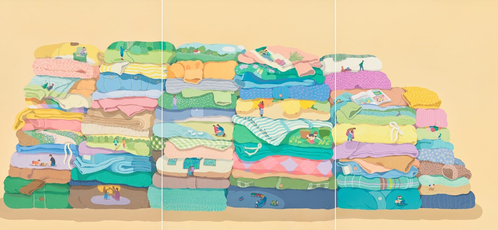 a multi-panel work with piles of laundry and tiny vignettes within the stacks