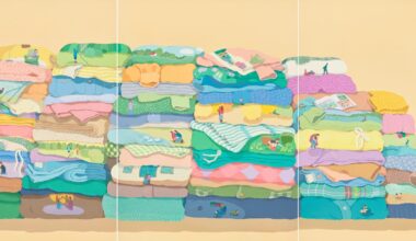 a multi-panel work with piles of laundry and tiny vignettes within the stacks