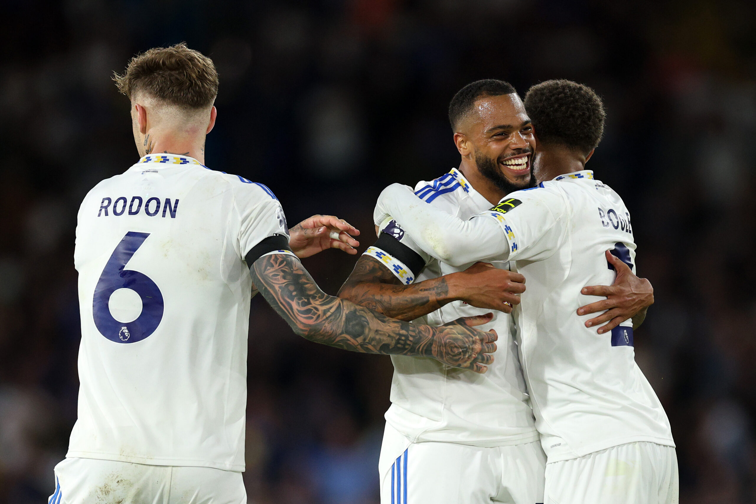 Leeds United forward Lukas Nmecha celebrates his goal against Everton