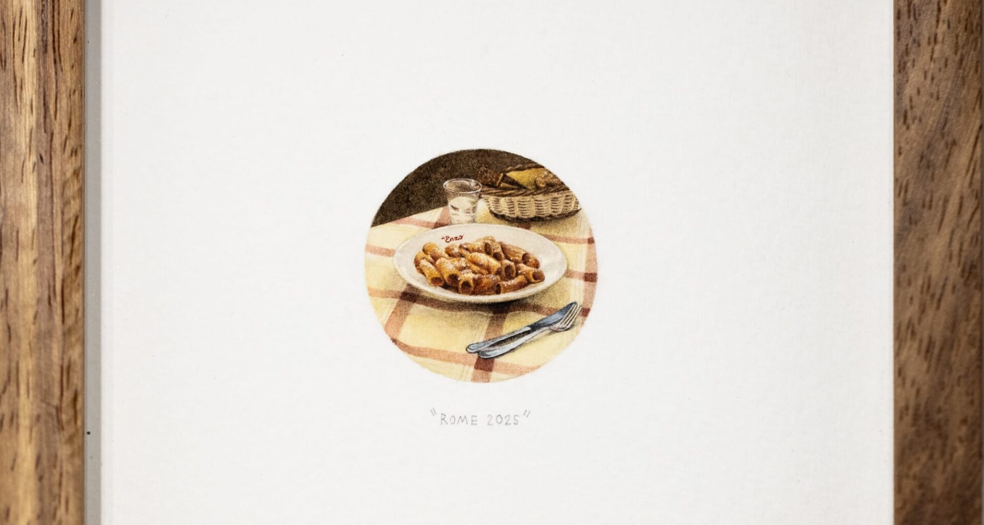 a tiny painting of some pasta