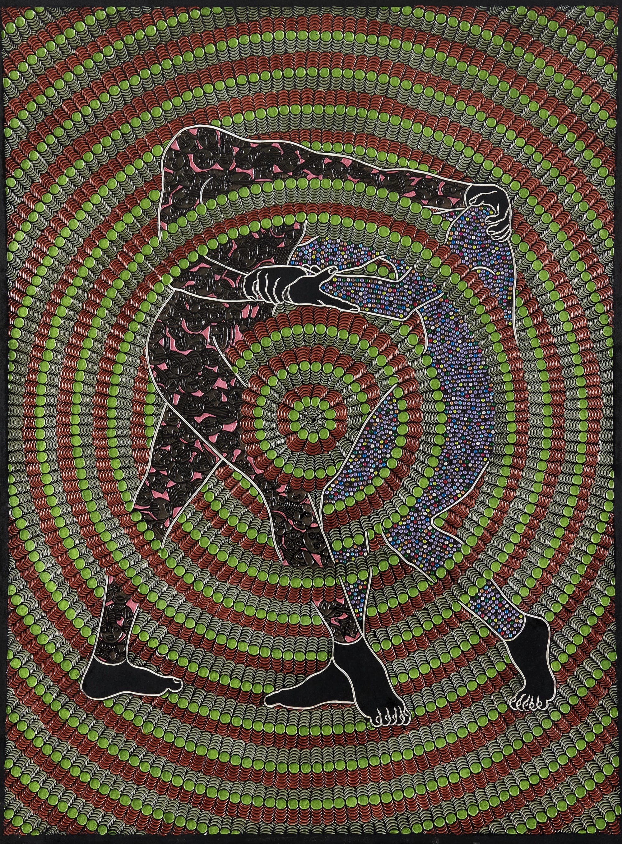An abstract painting carved from wood with geometric patterns and two headless figures.