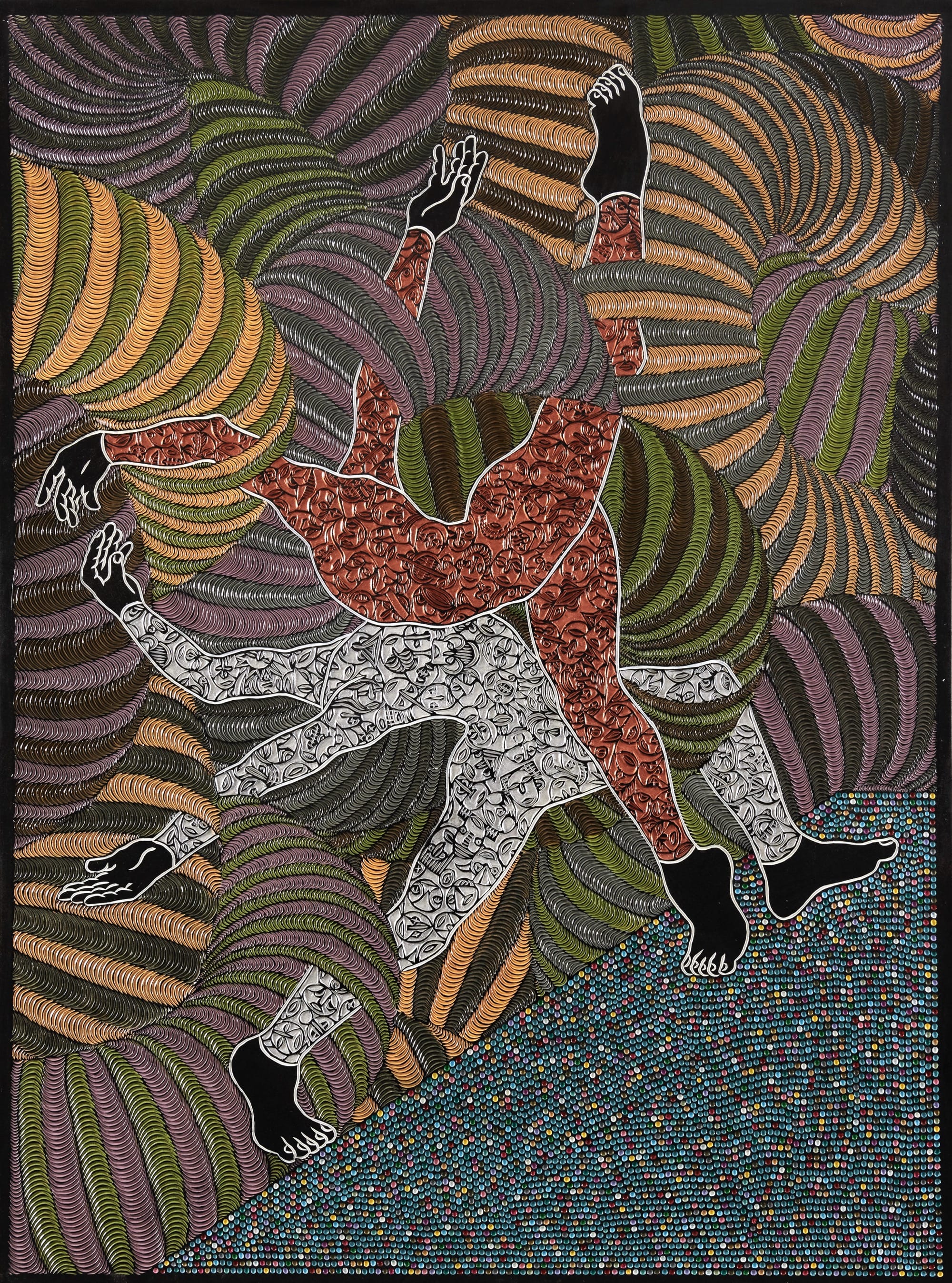 An abstract painting carved from wood with geometric patterns and two headless figures.