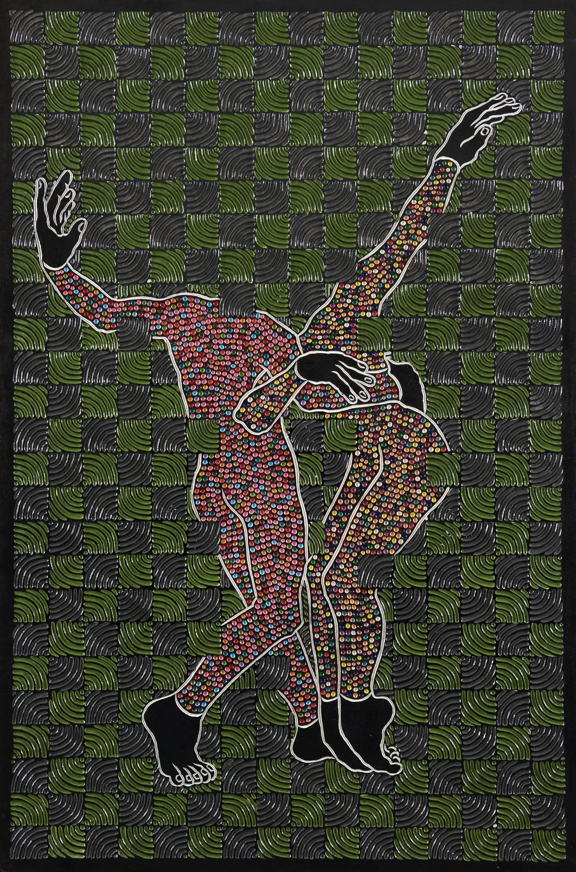 An abstract painting carved from wood with geometric patterns and two headless figures.