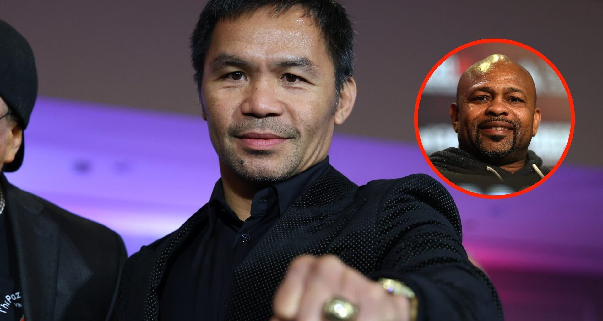 Center: Manny Pacquiao attends a Hall of Fame ceremony in June, 2025. Insert: Roy Jones Jr. attends a pre-fight press conference