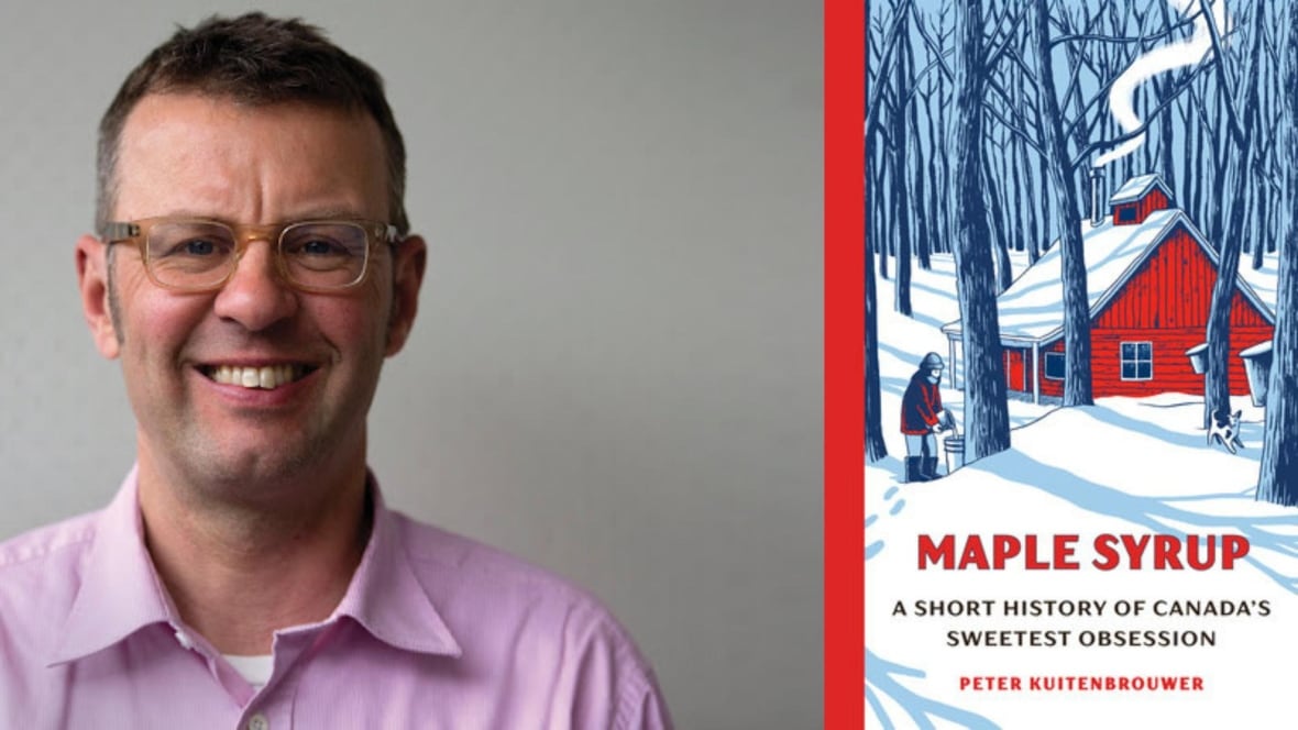 A photo composite that features a man wearing a pink dress shirt on the left and on the right is a drawn book cover that shows a person gathering maple syrup in a snowy forest. 