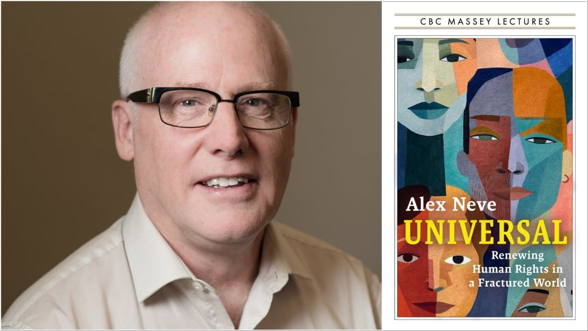 Composite image of an adult caucasian man's headshot, next to a book cover with the above name and title, on top of abstract painted art of people's faces.