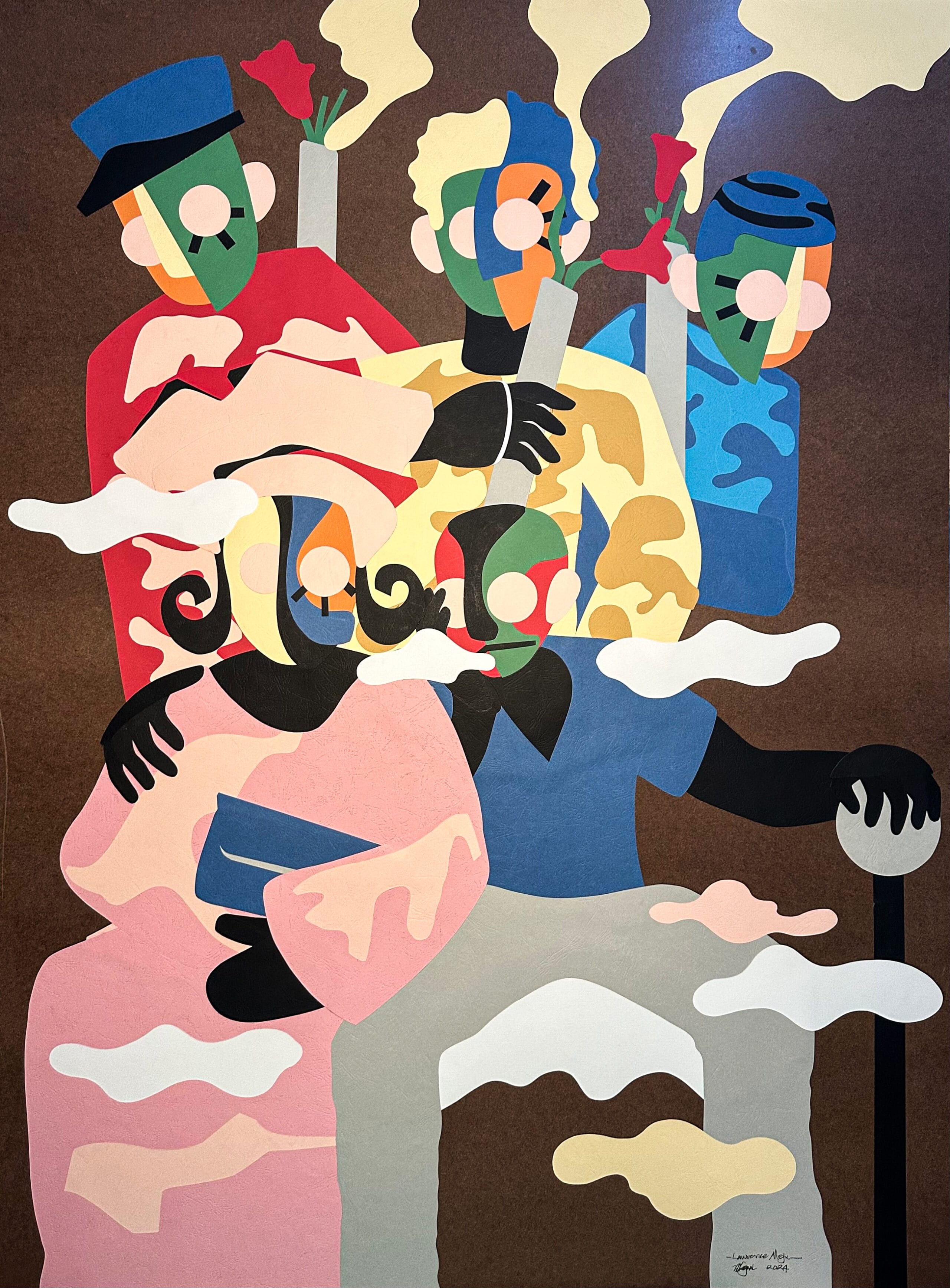 an abstract paper collage by Lawrence Meju featuring five figures and swirling shapes