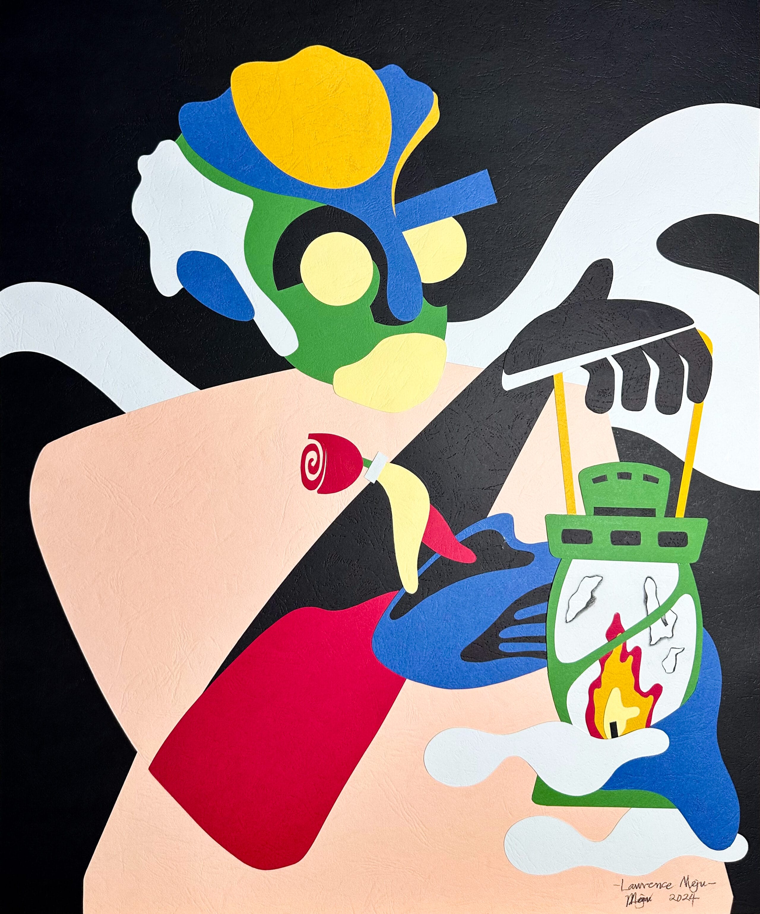 an abstract paper collage by Lawrence Meju featuring a figure holding a lantern