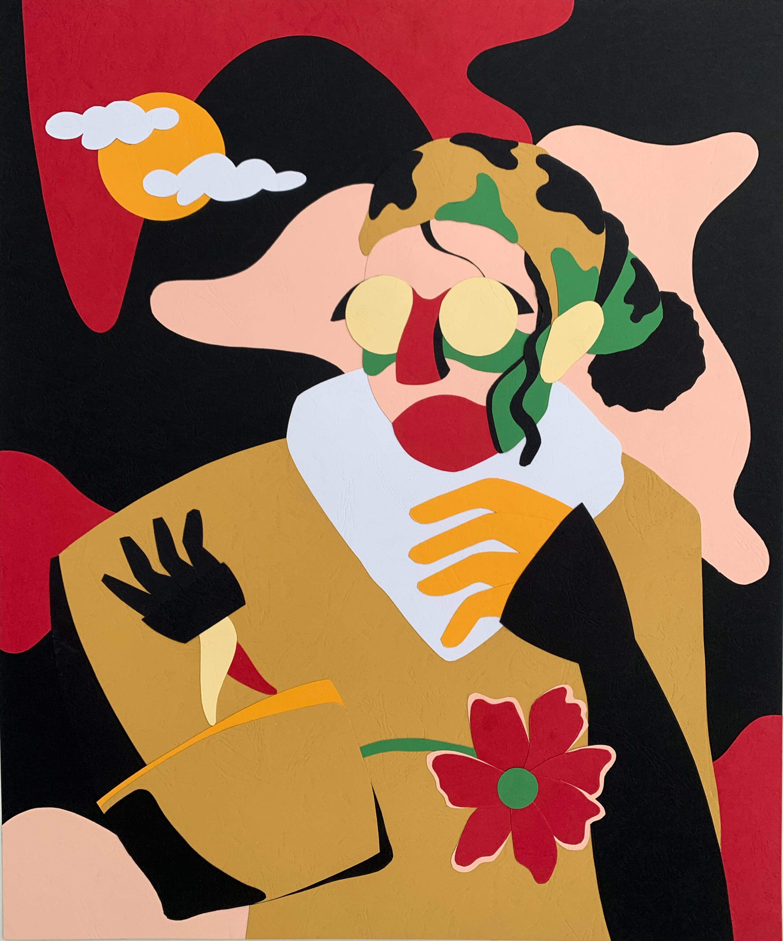 an abstract paper collage by Lawrence Meju featuring a central figure and swirling, amorphous shapes