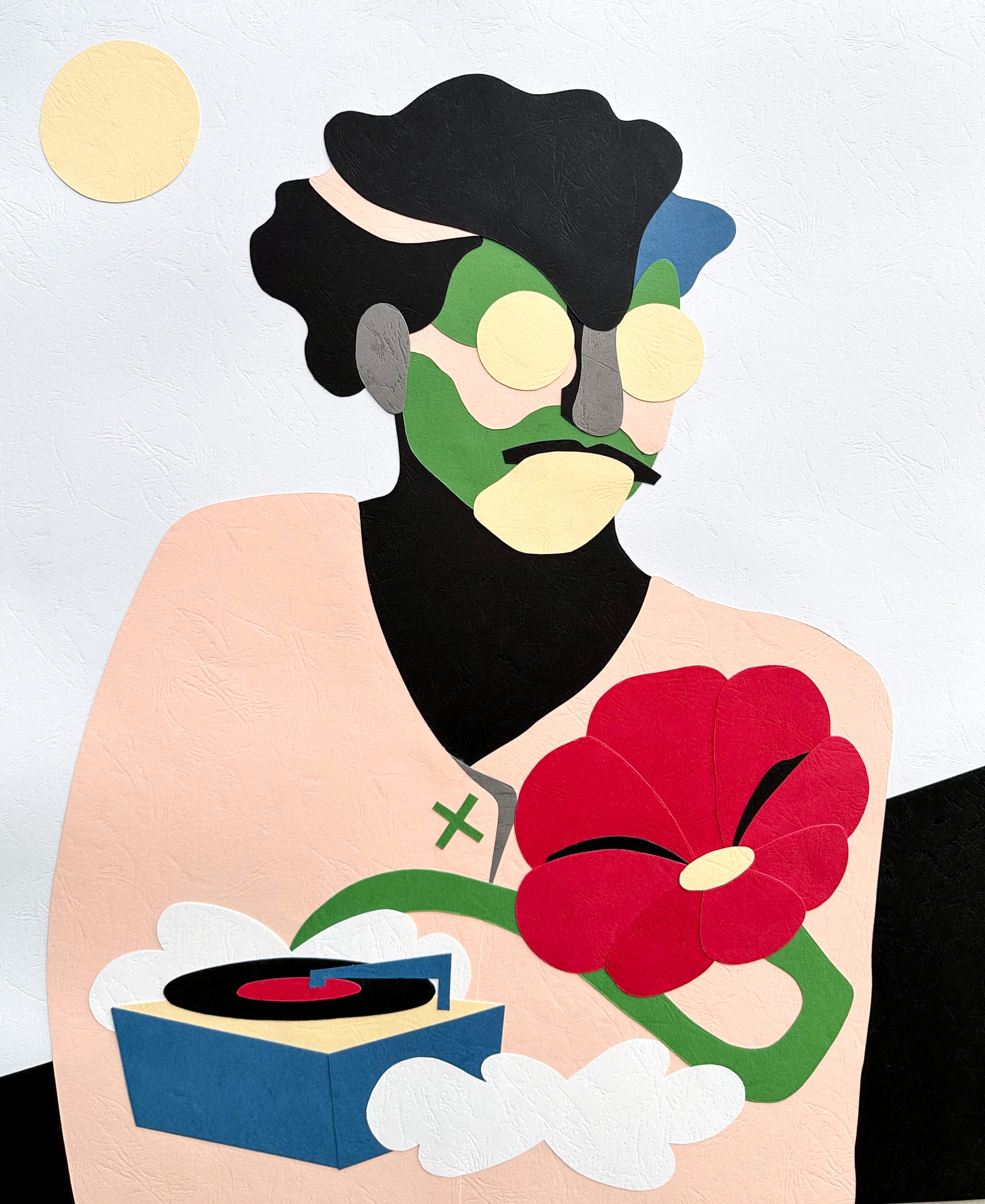 an abstract paper collage by Lawrence Meju featuring a central figure with a large red flower