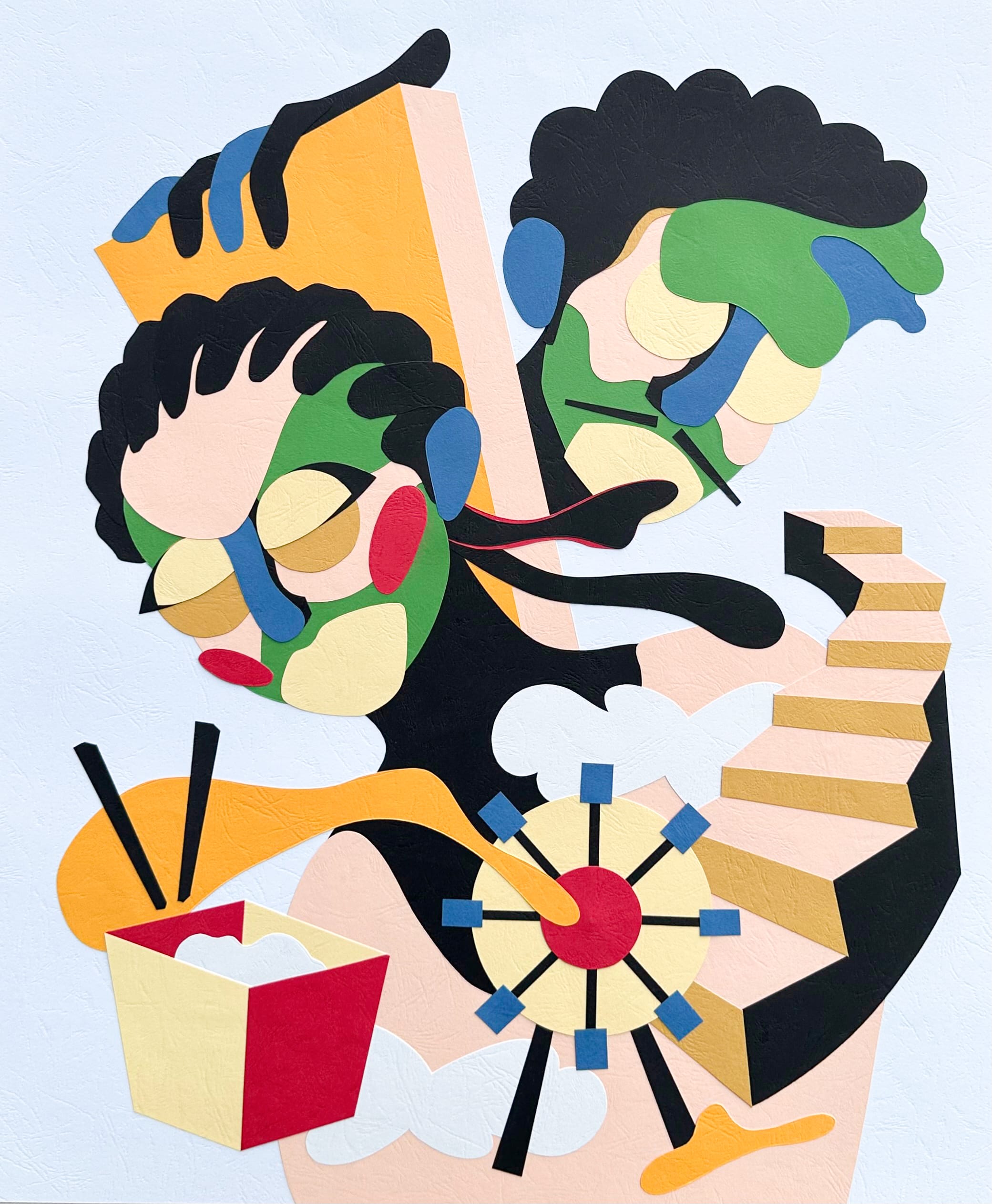 an abstract paper collage by Lawrence Meju featuring two figures, a staircase, and a clock
