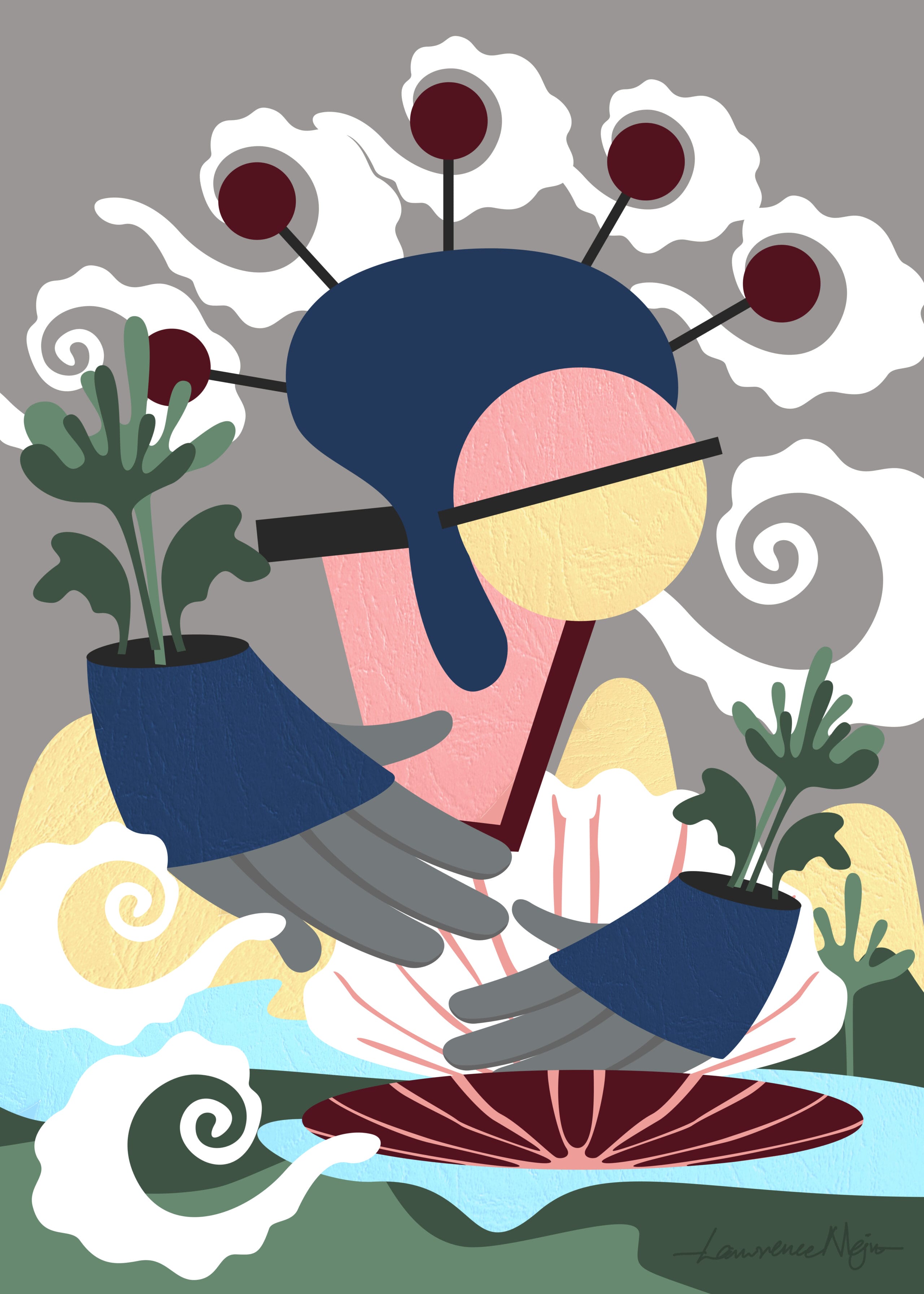 an abstract paper collage by Lawrence Meju featuring a figure and plants against a gray and white background