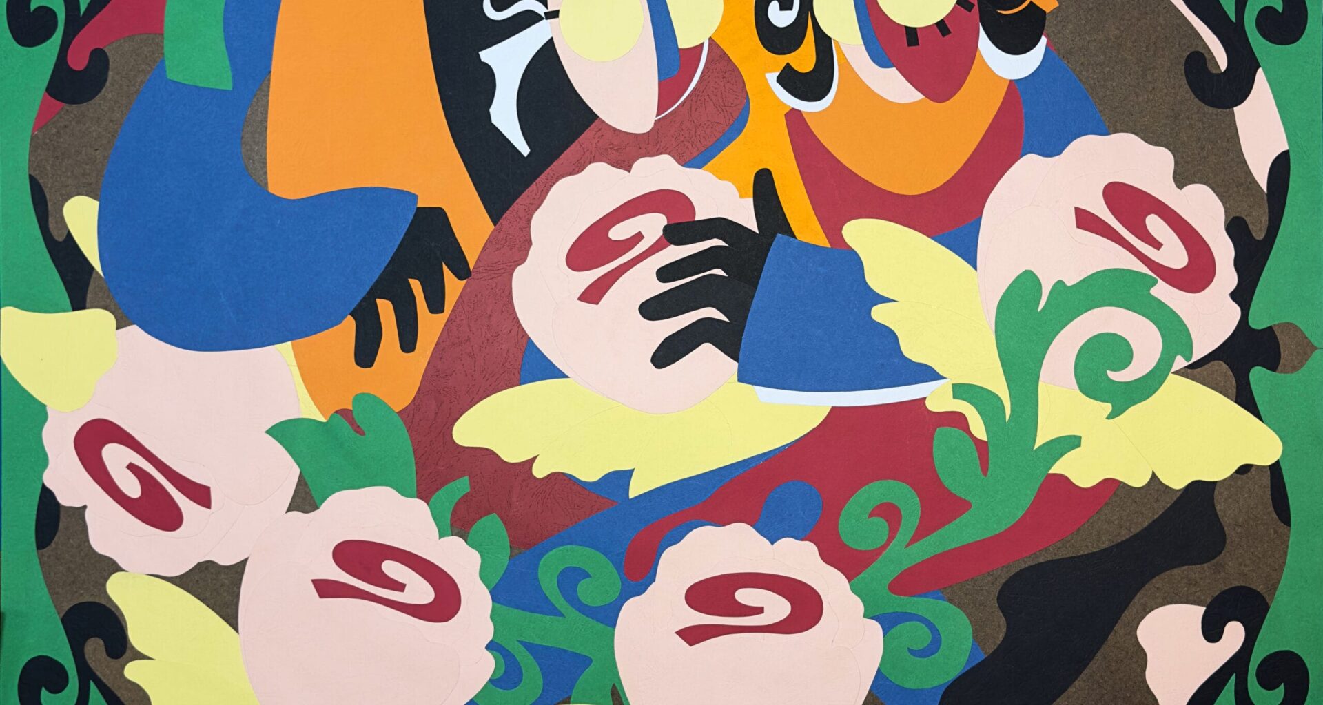 an abstract paper collage by Lawrence Meju featuring figures, a clock, and swirling shapes