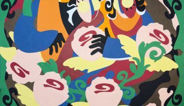 an abstract paper collage by Lawrence Meju featuring figures, a clock, and swirling shapes