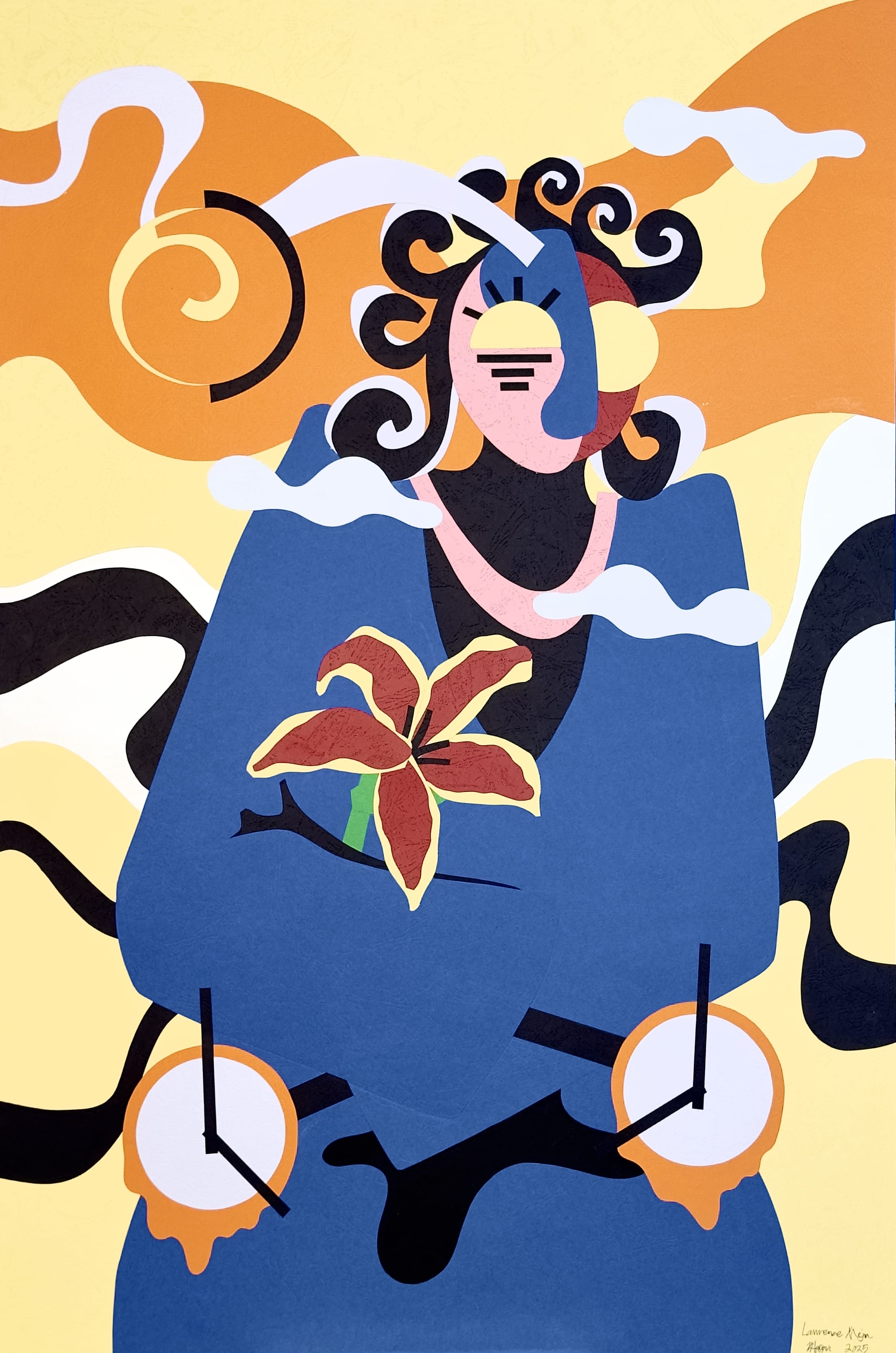 an abstract paper collage by Lawrence Meju featuring a figure against an orange and yellow background, holding a flower