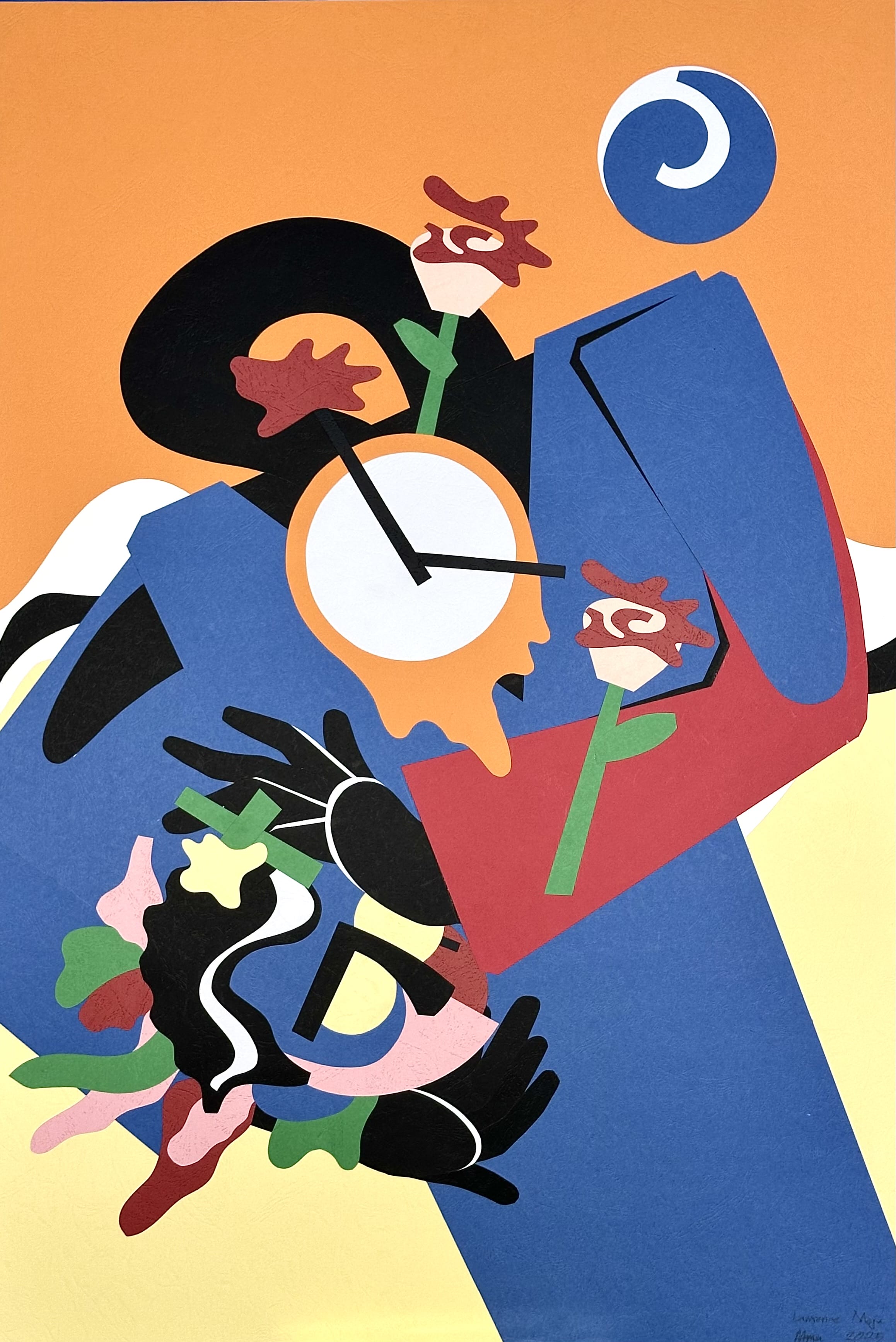 an abstract paper collage by Lawrence Meju featuring a figure against an orange background holding a clock and flowers