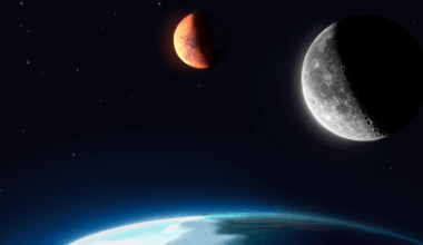 An artist’s concept of the Moon (right) and Mars (center) against the starry expanse of space. A sliver of the Earth’s horizon can be seen in the foreground.