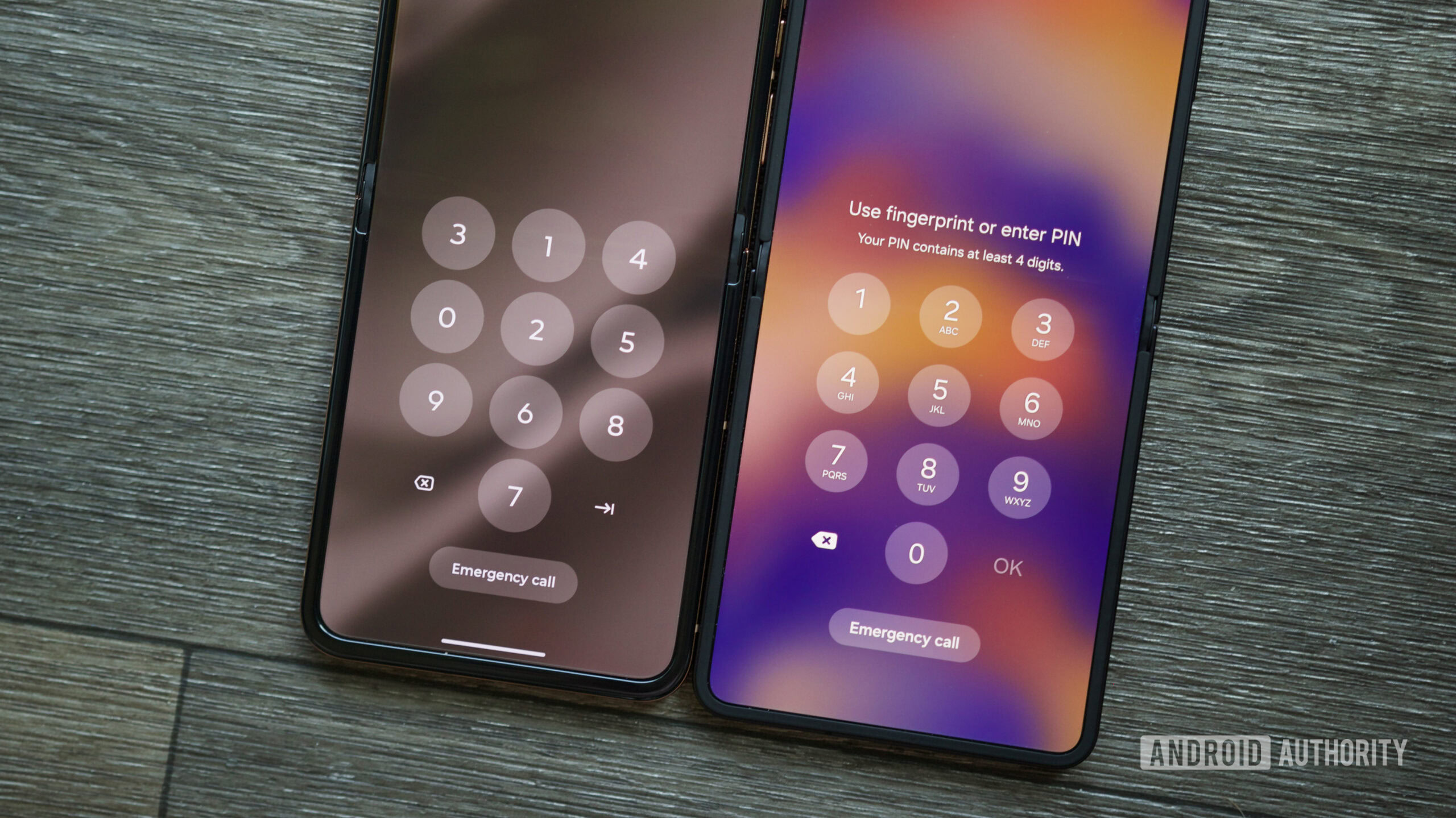 A Motorola phone and a Samsung phone next to each other, both showing their PIN screens.