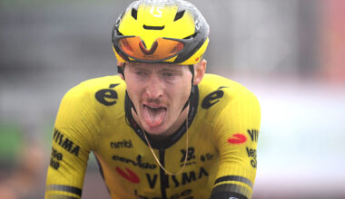 Photo of Matteo Jorgenson riding with his tongue out from the effort