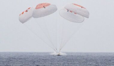 The SpaceX Crew Dragon Endurance spacecraft is seen as it lands with NASA astronauts Anne McClain and Nichole Ayers, JAXA (Japan Aerospace Exploration Agency) astronaut Takuya Onishi, and Roscosmos cosmonaut Kirill Peskov aboard in the Pacific Ocean off the coast of San Diego, Calif., Saturday, Aug. 9, 2025. McClain, Ayers, Onishi, and Peskov are returning after seven-months in space as part of Expedition 73 aboard the International Space Station.