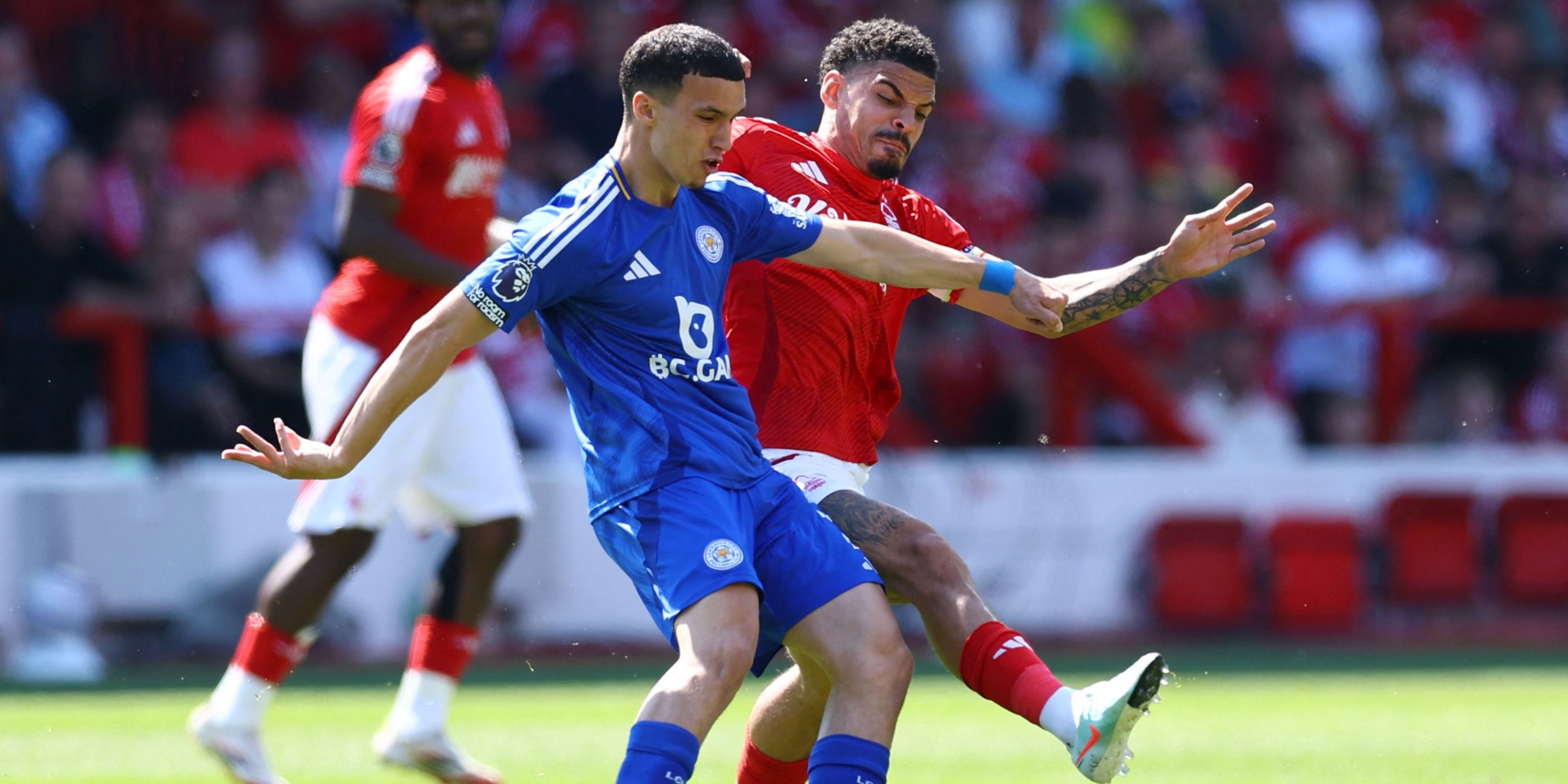 Nottingham Forest's Morgan Gibbs-White in action with Leicester City's Bilal El Khannouss