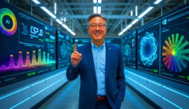 Illustration of Nvidia CEO Jensen Huang discussing the transformative potential of artificial intelligence in generating wealth.