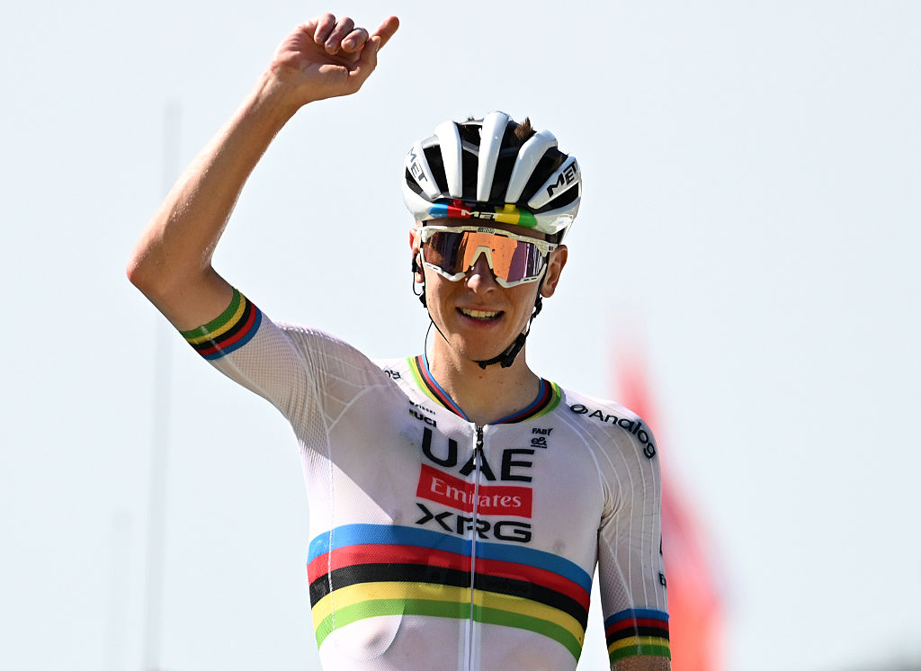 HAUTACAM, FRANCE - JULY 17: (EDITOR'S NOTE: Alternate crop) Tadej Pogacar of Slovenia and UAE Team Emirates - XRG celebrates at finish line as stage winner during the 112th Tour de France 2025, Stage 12 a 180.6km stage from Auch to Hautacam 1519m / #UCIWT / on July 17, 2025 in Hautacam, France. (Photo by Tim de Waele/Getty Images)