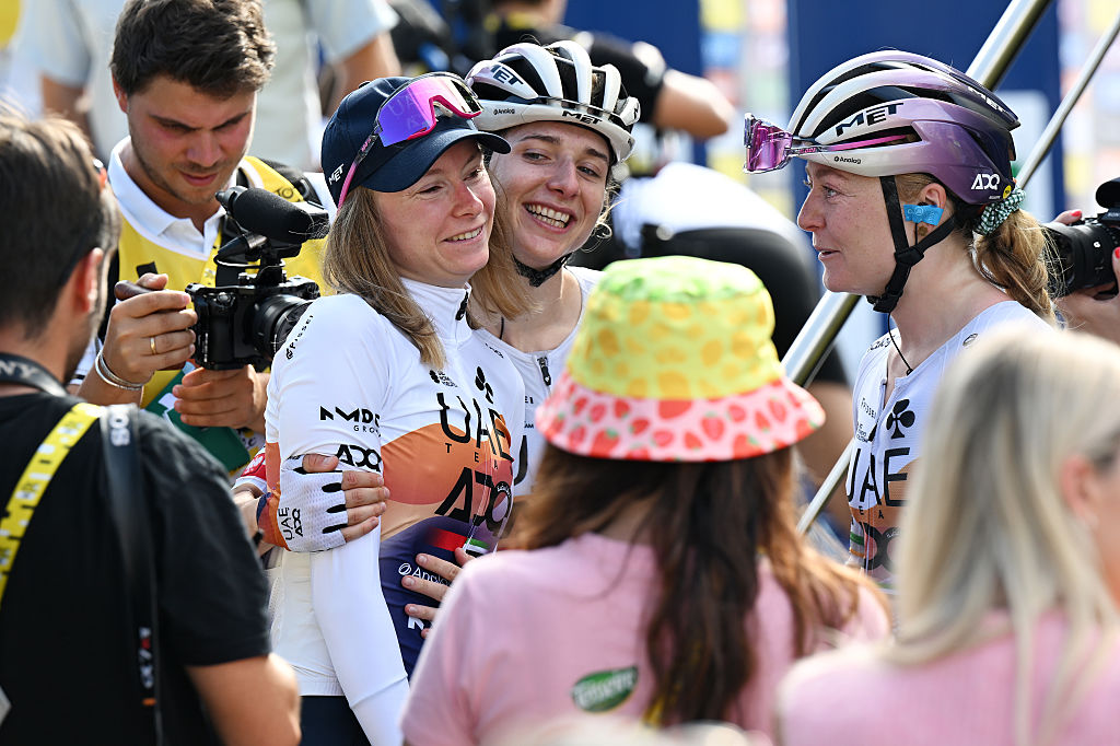 AMBERT, FRANCE - JULY 31: (L-R) Stage winner Maeva Squiban of France, Dominika Wlodarczyk of Poland and Lara Gillespie of Ireland and UAE Team ADQ react after the 4th Tour de France Femmes 2025, Stage 6 /a 123.7km stage from Clermont-Ferrand to Ambert #UCIWWT / on July 31, 2025 in Ambert, France. (Photo by Szymon Gruchalski/Getty Images)