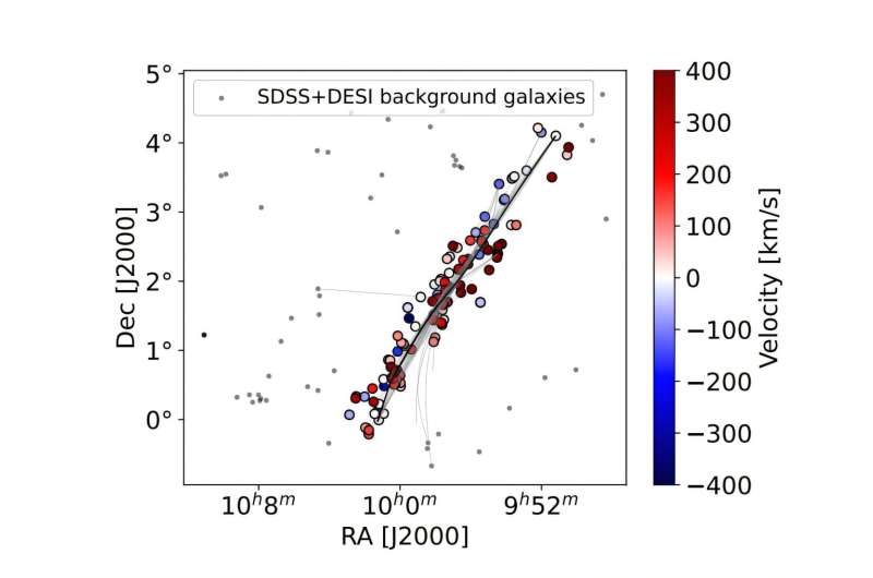 The rotation velocity of the filament galaxies which have a projected distance to filament within 1 Mpc. Credit: arXiv (2025). DOI: 10.48550/arxiv.2508.13053 Observations detect a rotating galaxy filament about five million light years long
