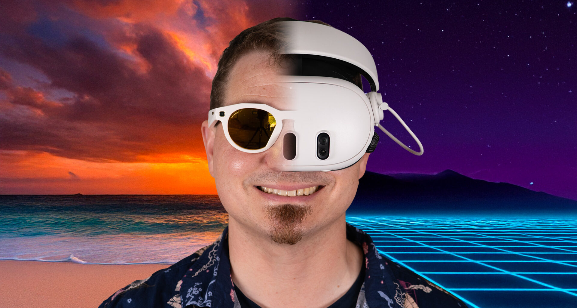 Wearing Oakley Meta HSTN smart glasses with a sunset beach background and a Meta Quest 3 headset with a synthwave 80s style background