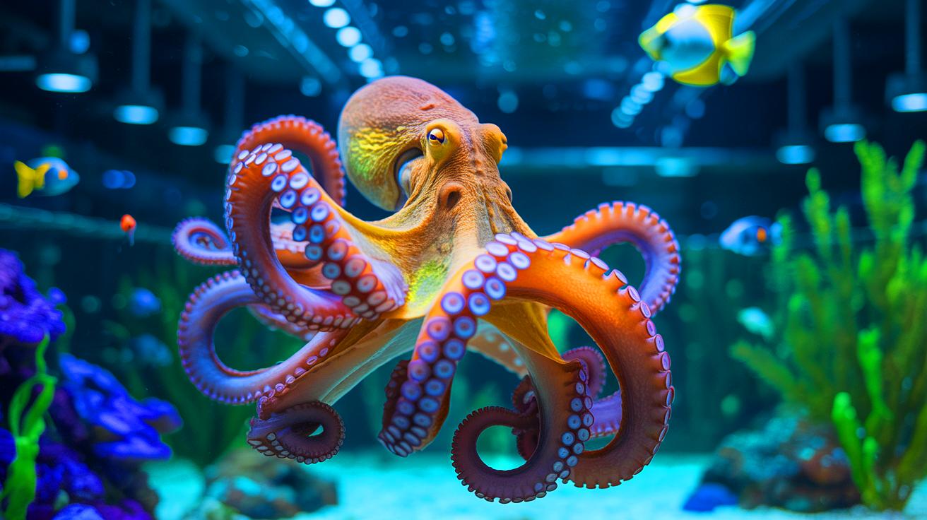 Illustration of octopus farming and its ethical implications.